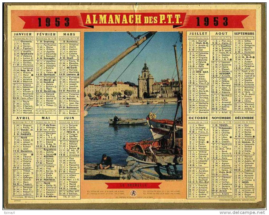 CALENDRIER - ALMANACH DES POSTES ET DES TELEGRAPHES 1953 - LA ROCHELLES - Carte De La SARTHE - Grand Format : 1941-60