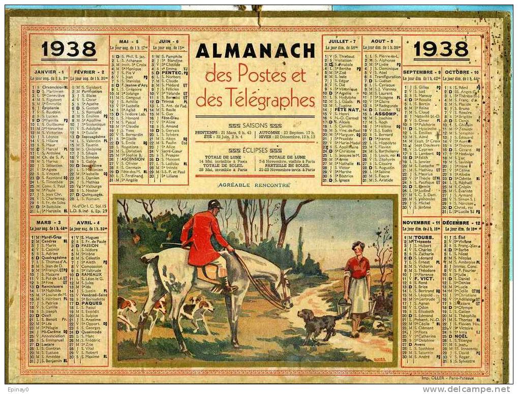 CALENDRIER - ALMANACH DES POSTES ET DES TELEGRAPHES 1938 - CHASSE à COURRE - Grand Format : 1921-40