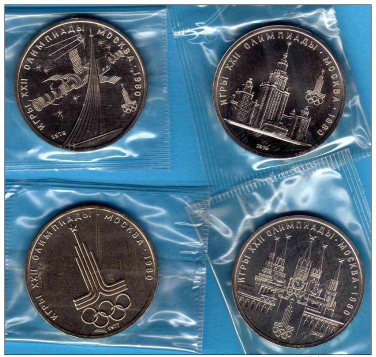 RUSIA - RUSSIA  Las  4 Monedas 1 Rublo JJ.OO. Moscú 1980 S/C Emblema, Kreml, Universidad Moscú, Monumento/Sputnik/Sojus - Rusia