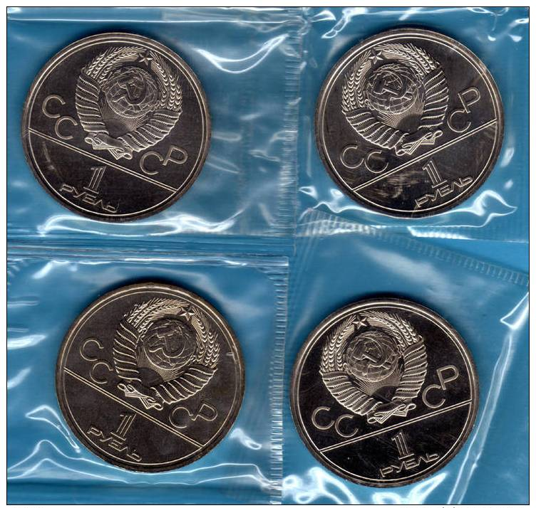 RUSIA - RUSSIA  Las  4 Monedas 1 Rublo JJ.OO. Moscú 1980 S/C Emblema, Kreml, Universidad Moscú, Monumento/Sputnik/Sojus - Rusia