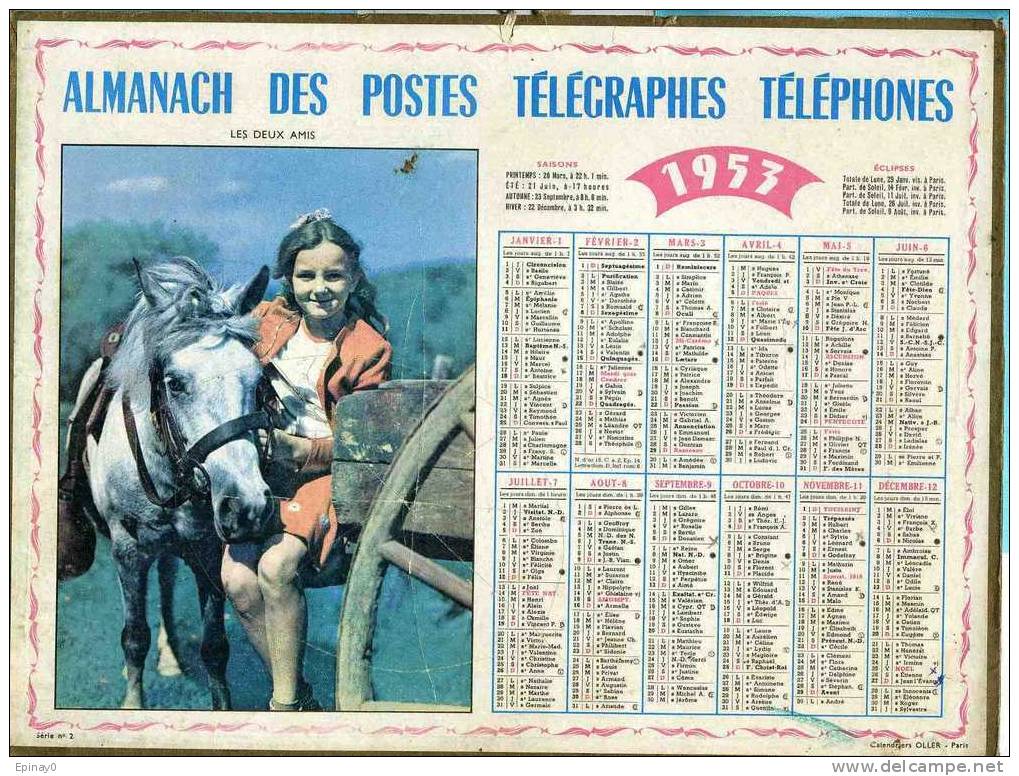 CALENDRIER - ALMANACH DES POSTES ET DES TELEGRAPHES 1953 - CHEVAL - Carte De La LOIRE ATLANTIQUE - Grand Format : 1941-60