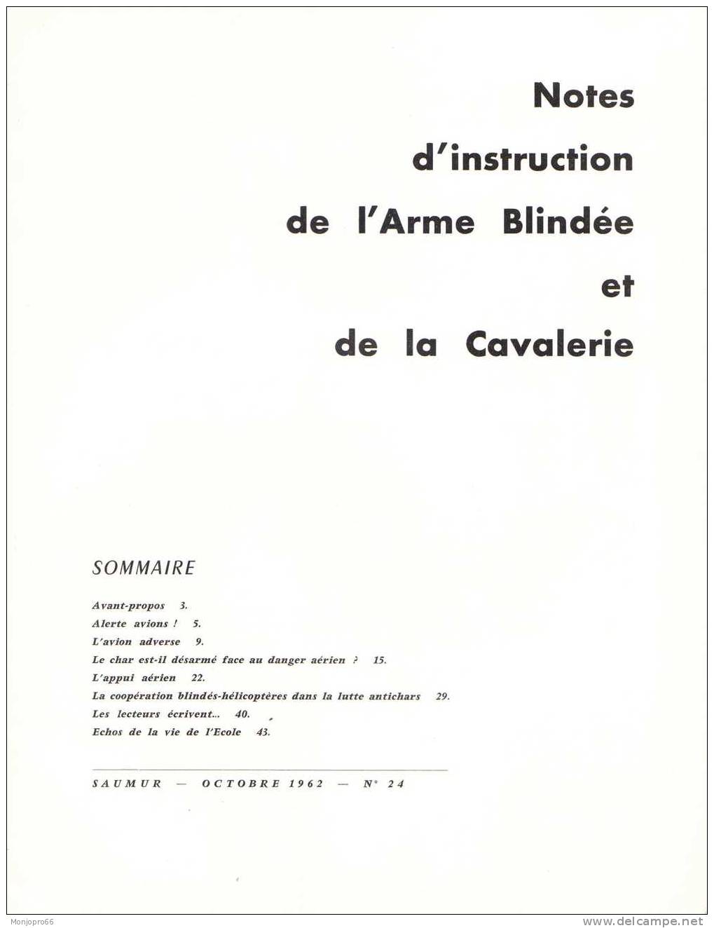 Bulletin De Notes D’instruction De L’armée Blindée Et De La Cavalerie N°24 D’Octobre 1962 - Frans