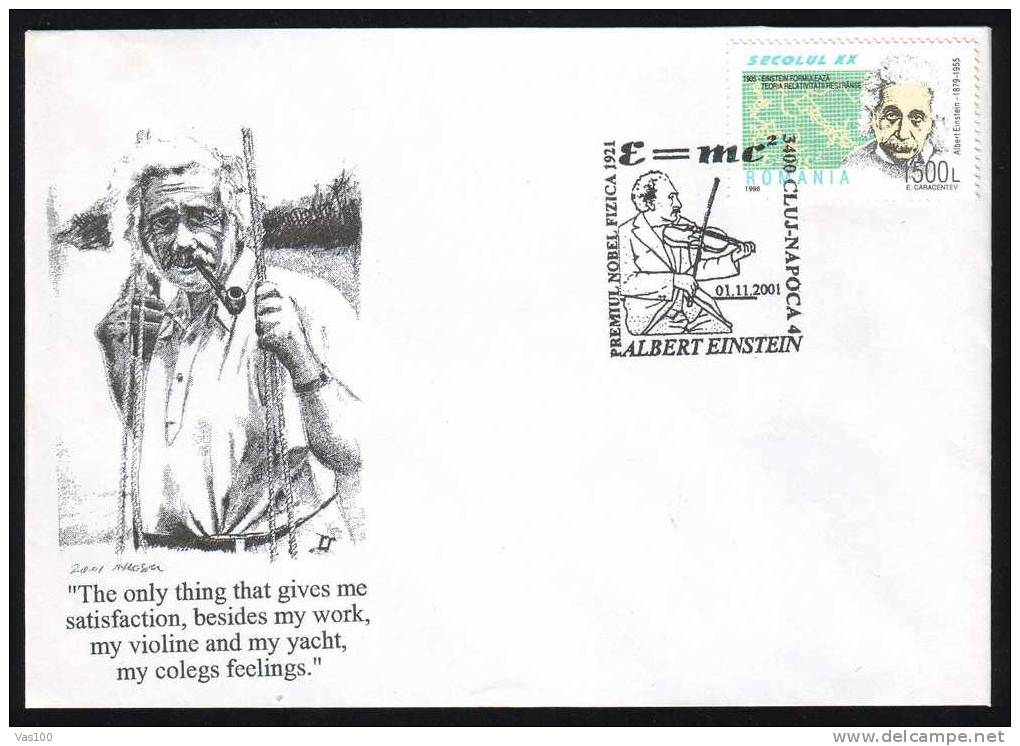 Albert Einstiein Nobel Prize In Physique 1921,musicien,cover Stamps Obliteration Concordante 2001 Romania. - Fisica