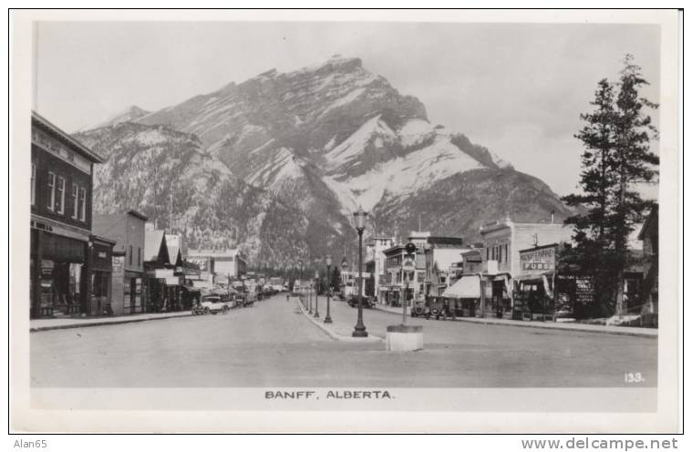 Banff Alberta Canada Street Scene With Autos On C1920s Vintage Real Photo Postcard, Business Signs Furs - Banff