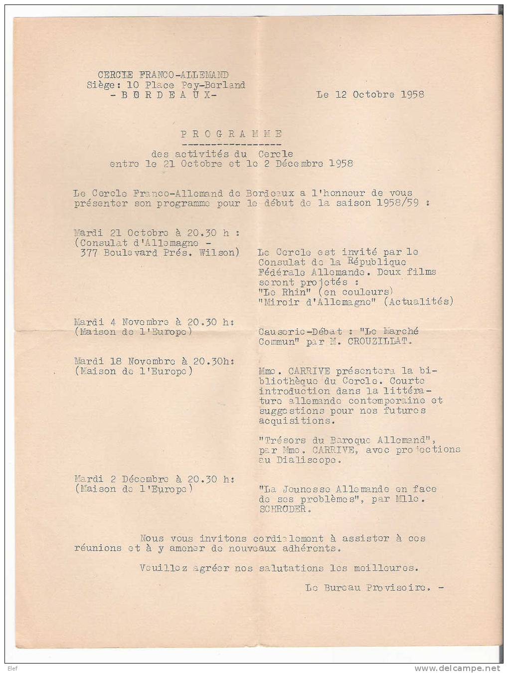 CERCLE FRANCO ALLEMAND De Bordeaux: Programme Des Activités De 1958 ( Film "Le Rhin", "Miroir D'Allemagne"), Etc..; TB - Programas