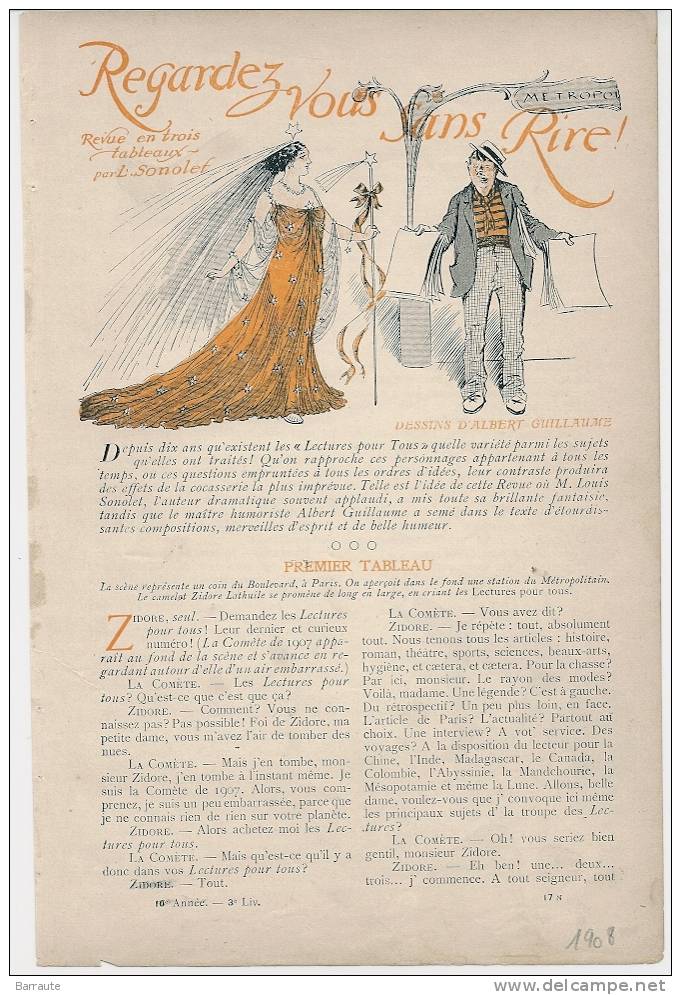 Feuillet THEATRE En 3 Tableaux De 1907 " REGARDEZ VOUS SANS RIRE" Par L.SONOLEF. Dessins D´A.GUILLAUME. - Auteurs Français