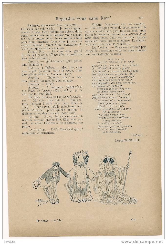 Feuillet THEATRE en 3 tableaux de 1907 " REGARDEZ VOUS SANS RIRE" par L.SONOLEF. dessins d´A.GUILLAUME.