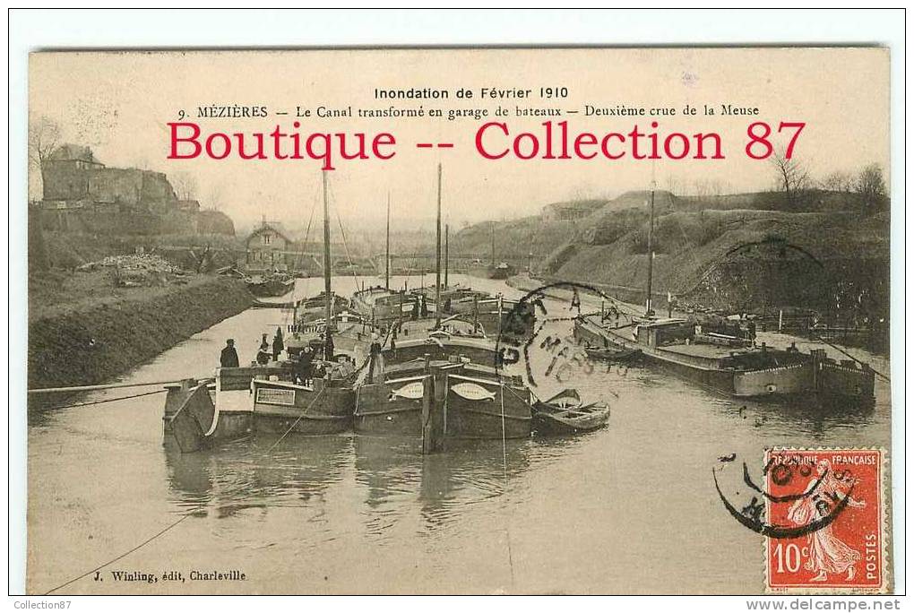 INONDATION 1910 - CANAL TRANSFORME En GARAGE à PENICHE Sur La MEUSE à MEZIERES - DOS VISIBLE - Houseboats