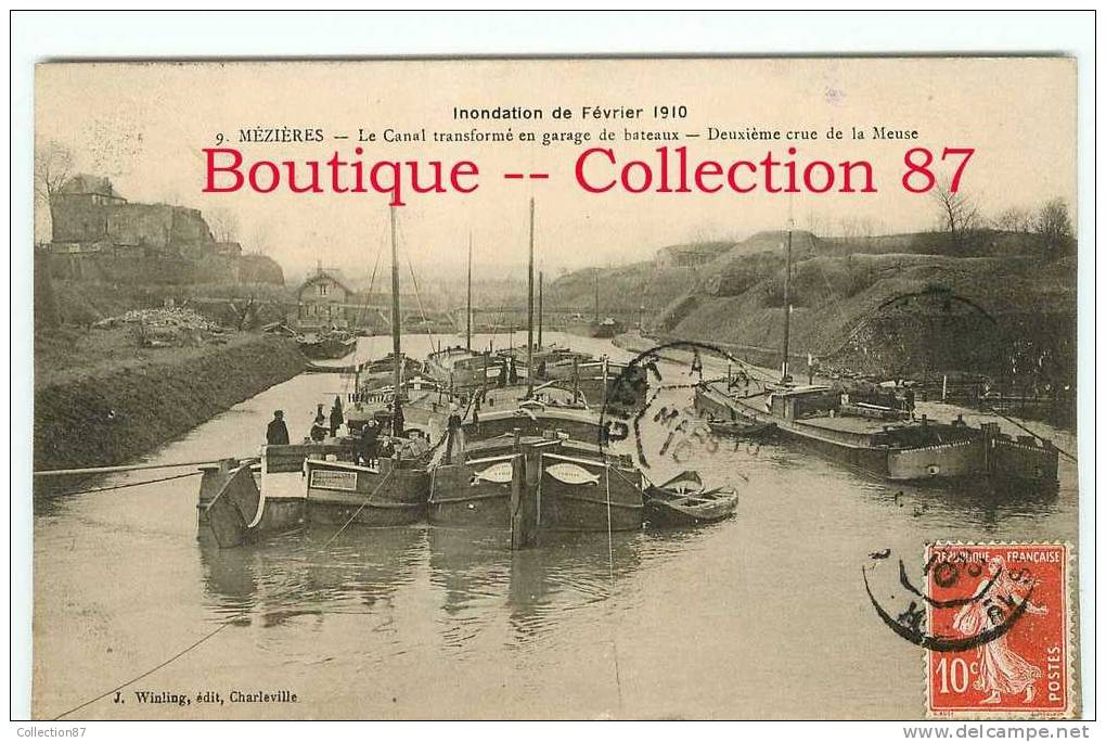 INONDATION 1910 - CANAL TRANSFORME En GARAGE à PENICHE Sur La MEUSE à MEZIERES - DOS VISIBLE - Embarcaciones