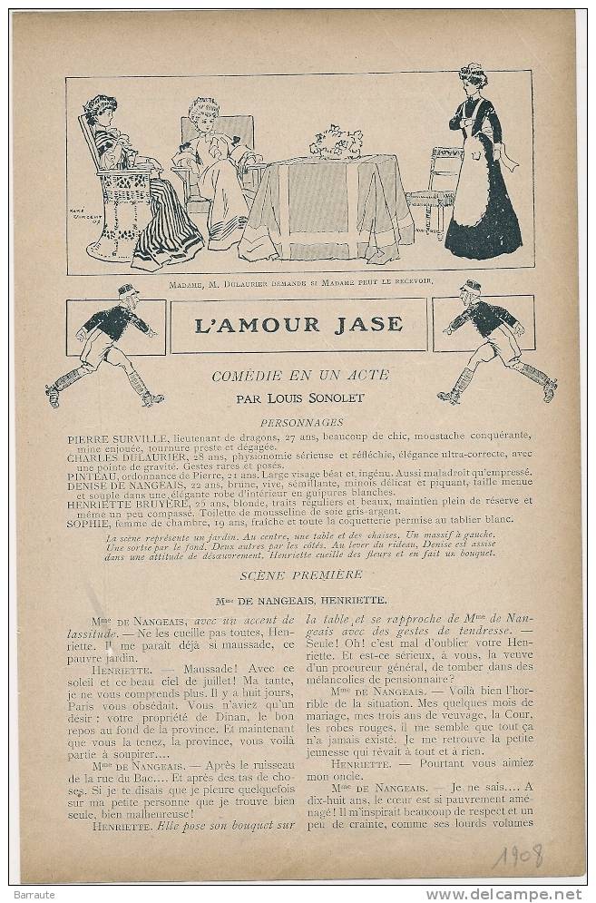 Feuillet THEATRE De 1908 En 1 Acte "L'AMOUR JASE" Par Louis SONOLET  Dessins De René VINCENT. - Franse Schrijvers