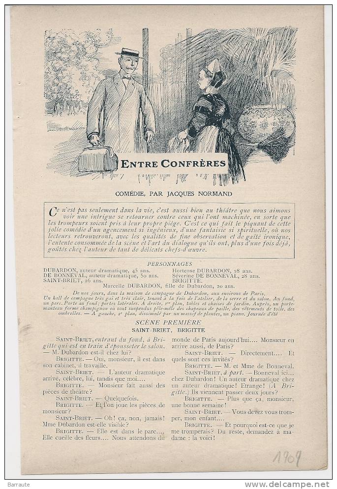 Feuillet THEATRE COMEDIE De 1909  " ENTRE CONFRERES" Par Jacques NORMAND . - Französische Autoren