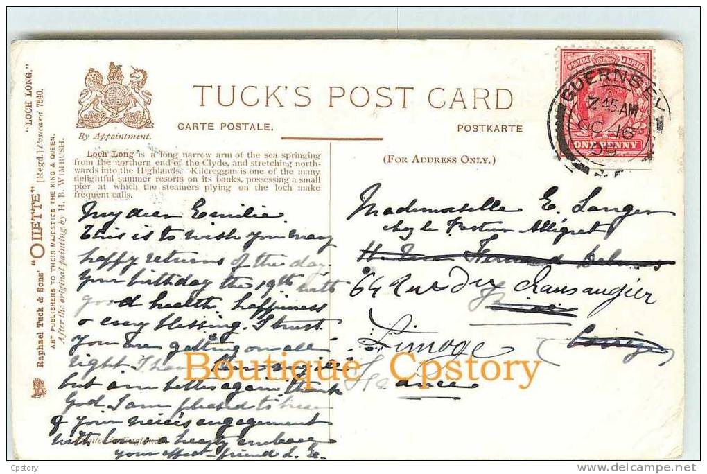 TUCK Raphael Série 7540 - GUERNSEY - KILCREGGAN Loch Long By Wimbush - Carte Voyagée 1909 - Dos Scané - Guernsey