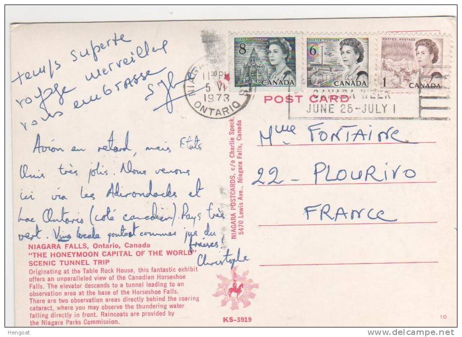 3 Timbres / Carte  , Postcard Du 5 VI 1973 De Niagara Pour La France , 2 Scans - Covers & Documents
