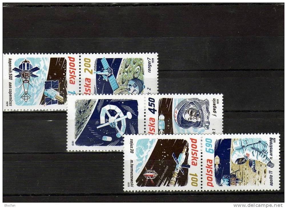 Kosmosforschung USA/USSR 1979 Polen 2659/3 3xZD+Block 80 ** 4€ Bloque S/s Bloc M/s Space Se-tenant Bf POLAND/Polska - Ganze Bögen