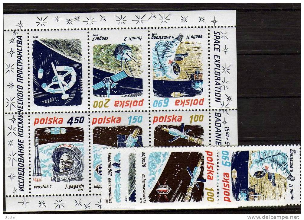 Kosmosforschung USA/USSR 1979 Polen 2659/3 3xZD+Block 80 ** 4€ Bloque S/s Bloc M/s Space Se-tenant Bf POLAND/Polska - Feuilles Complètes