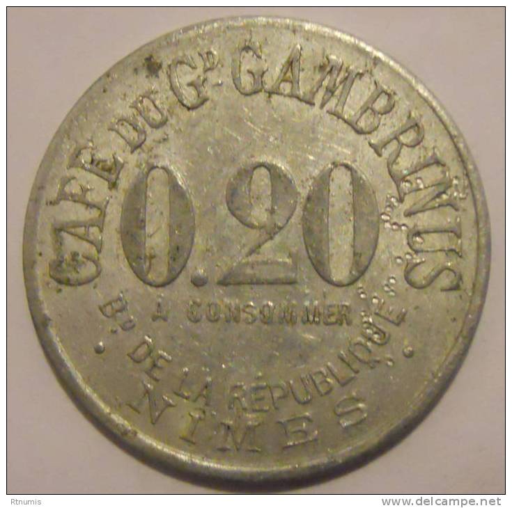 Nîmes 30 Café Du Grand Gambrinus 0.20 Franc Elie 25.3 - Monétaires / De Nécessité