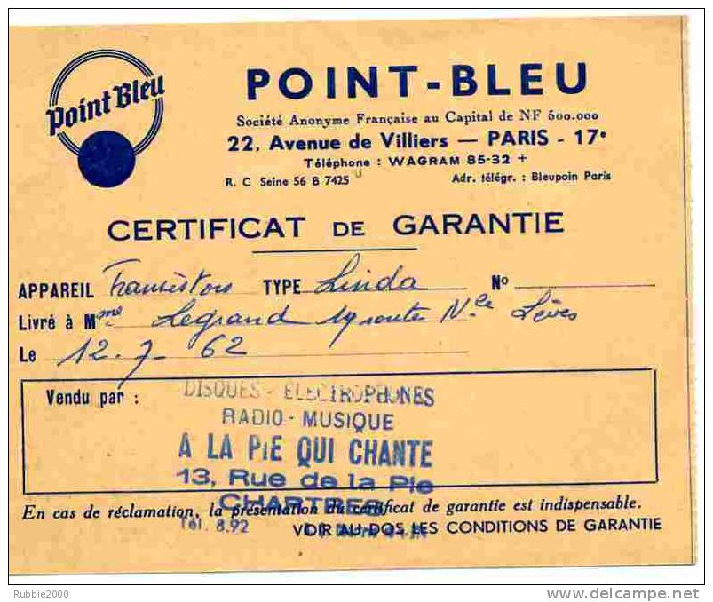 MODE D EMPLOI POSTE A TRANSISTORS LINDA POINT BLEU 1962 ET CERTIFICAT DE GARANTIE - Otros & Sin Clasificación