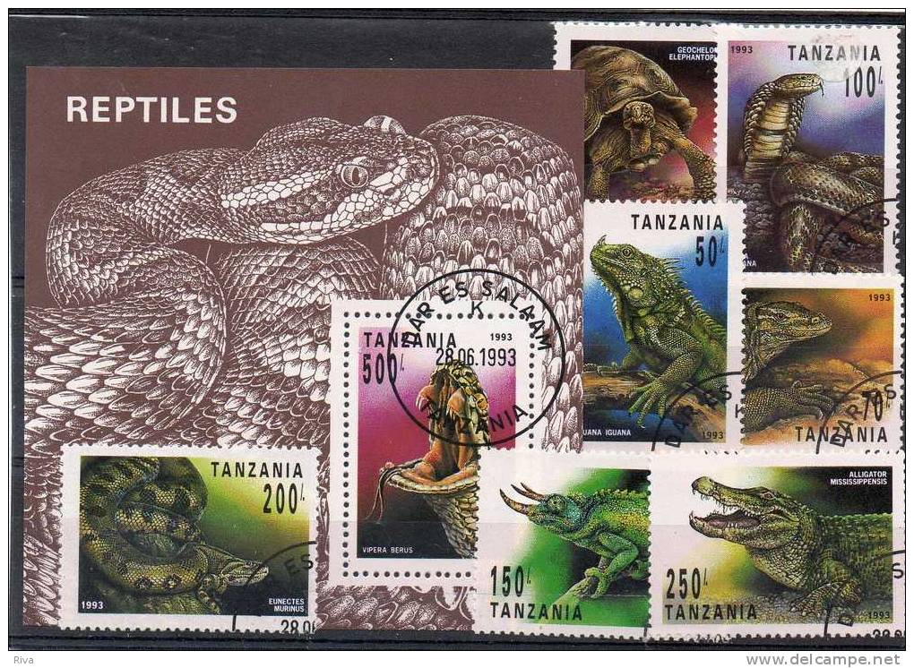 7 Valeurs & 1 Bloc (Serpents )  Tanzania Du 28/06/1993 - Serpents