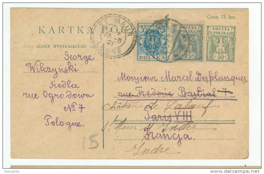 Entier Postal Avec Complément D´affranchissement Obl. De Siedlce En 1921 Pour La France - Lettres & Documents