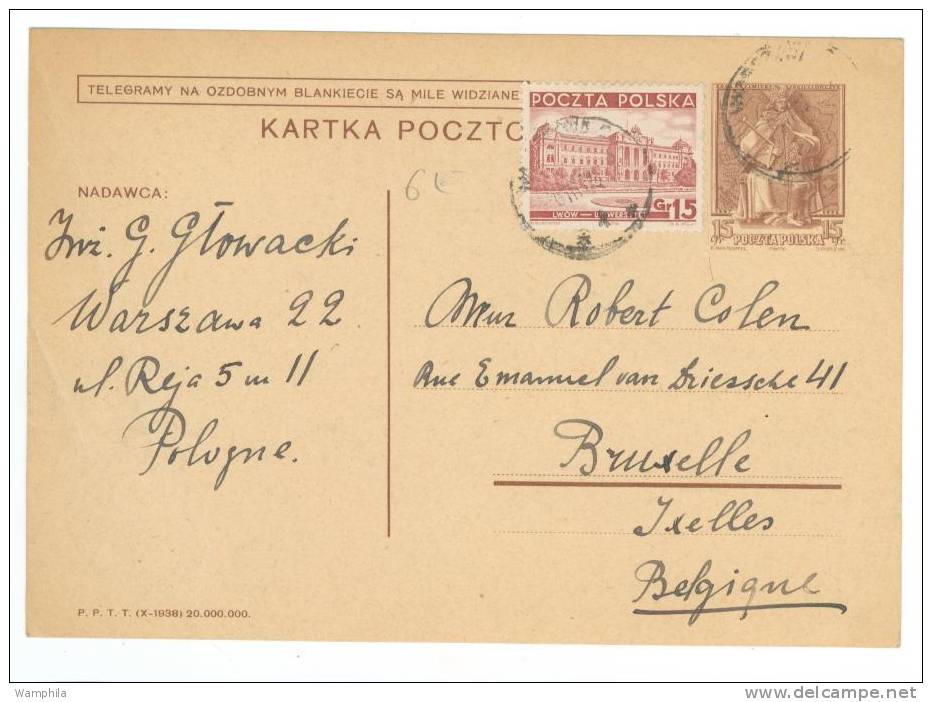 Entier Postal Avec Complément D´affranchissement Obl. De  Varsovie Pour La Belgique 1939 - Storia Postale