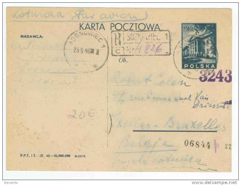 Entier Posté De Sosnowiec En Recommandé Pour La Belgique 1946 Censuré. - Stamped Stationery
