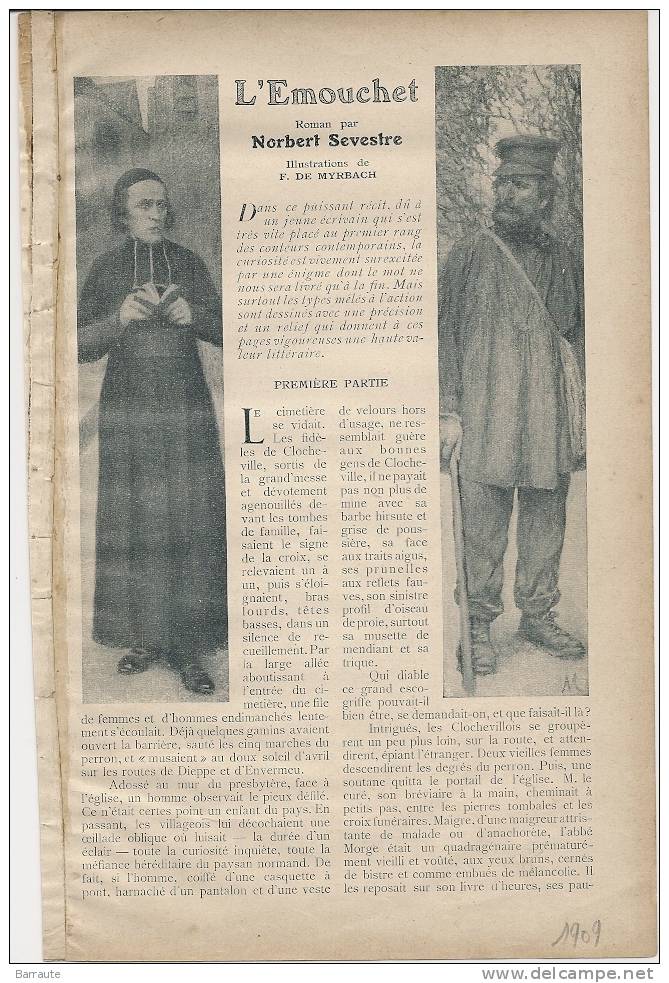 Feuillet ROMAN De 1909 " L'EMOUCHET" Par NORBERT SEVESTRE Illustrations De Signés F.de MYRBACH. - Action