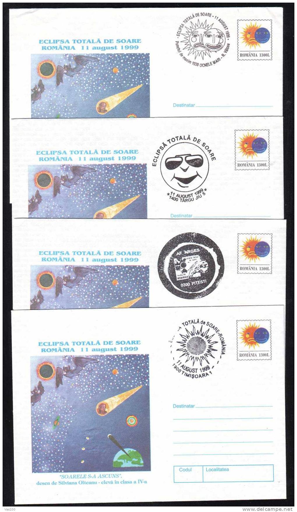 Romania 1999 Covers ENTIER POSTAUX,4x ; SOLAR ECLIPSE,very Rare 4 Cancell,obliteration Concordante Romania. - Astrologie