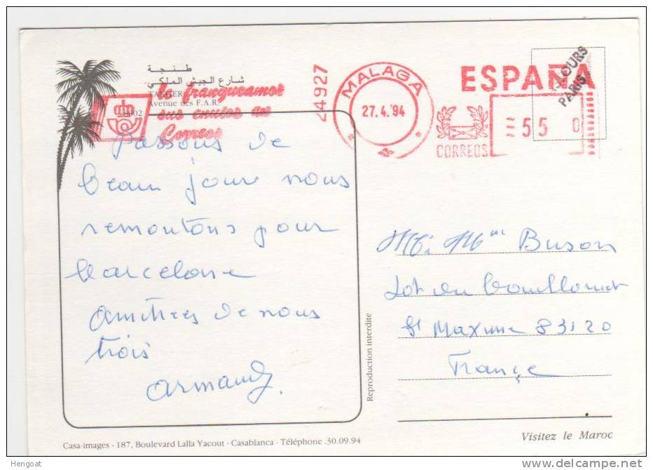 EMA Rouge  De Malaga Du 27/4/94 / Carte De Tanger , 2 Scans - Covers & Documents
