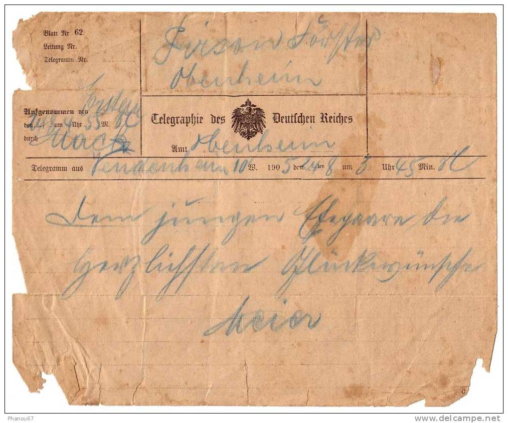 Télégramme De L'Empire Allemand 1905 De Vendenheim à Obenheim - Telegraaf-en Telefoonzegels