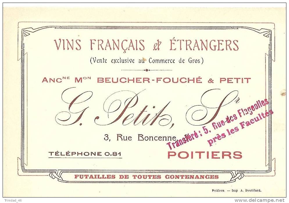 POITIERS CARTE DE VISITE ANCIENNE VERS 1900 ( COMMERCE DE VINS ) T B E ! ! ! - Cartes De Visite