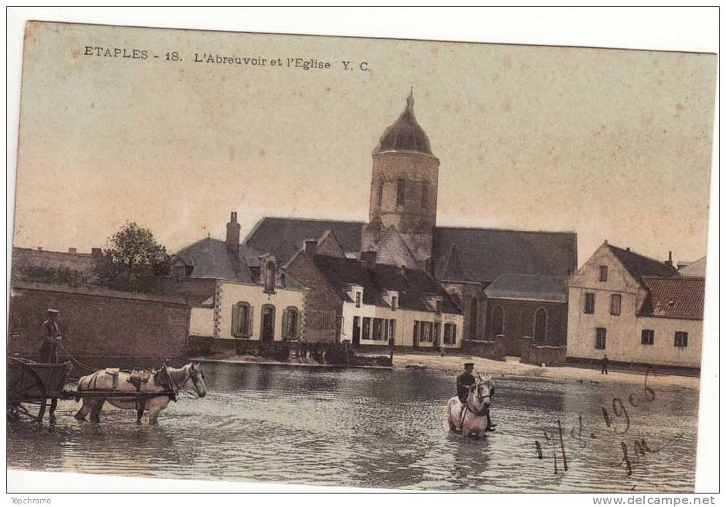 Carte Postale Animée Etaples L'abreuvoir Et L'église 1906 Chevaux - Etaples