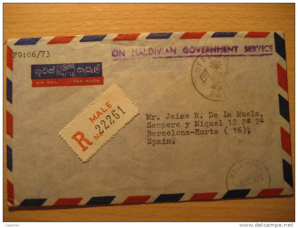1973 Male To Barcelona España Spain Air Mail Official Paid Franquicia Registered Sobre Cover Enveloppe British Area - Maldivas (1965-...)