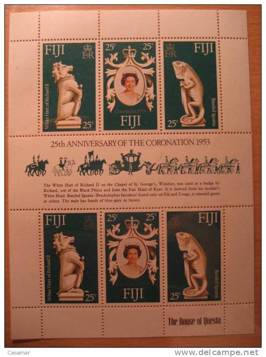 FIJI 1953 25th Coronation Queen EII Banded Iguana White Hard Yvert 374/6 X2 Sheet Hoja Bloque Caballo Horse British Area - Fidschi-Inseln (...-1970)