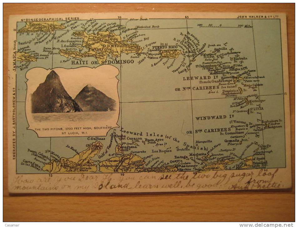 ST LUCIA 1905 Castries To Buffalo NY USA Two Pitons Mapa Map Geografia Geography Tarjeta Postal Post Card British Area - St.Lucia (...-1978)