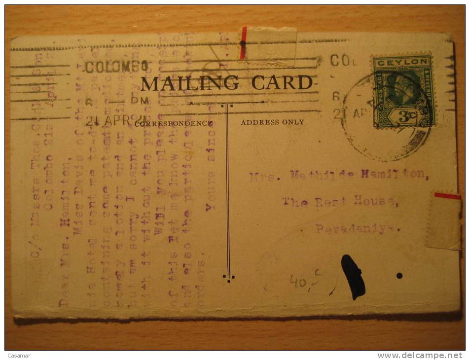 CEYLON Colombo To Peradaniya 3c Mailing Card Tarjeta Postal India British Area - Ceylan (...-1947)