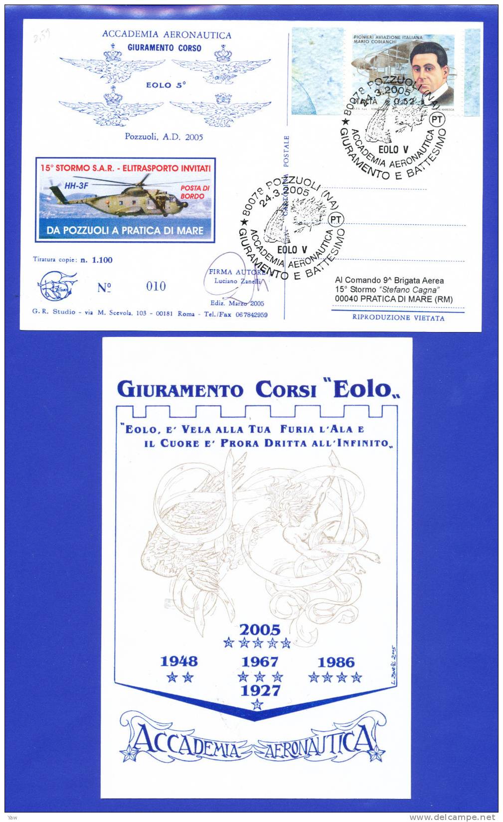 ITALIA 2005 CP EOLO 5°. NUMERATA ELITRASPORTO DA POZZUOLI A PRATICA DI MARE. ANNULLO SPECIALE POZZUOLI. - Hélicoptères