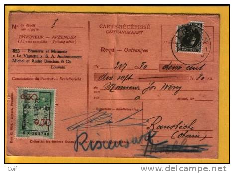 401 Op Ontvangkaart  Met Stempel LEUVEN , Van "BRASSERIE ET MEUNERIE LA VIGNETTE " - 1934-1935 Leopold III