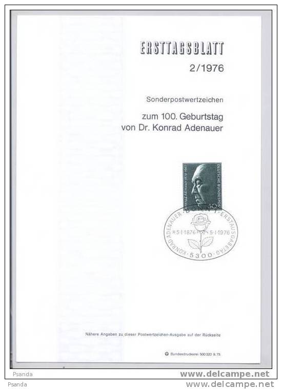 1976 Ersttagsblatt 2/1976 Sonderpostwertzeichen Zum 100. Geburstag Von Dr. Konrad Adenauer 05.I.1876-05.I.1976 - Bonn - Sonstige & Ohne Zuordnung