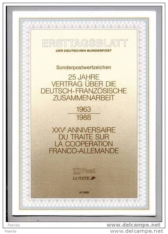 1988 - Ersttagsblatt 4/1988 Der D. Bundespost - 25 JAHRE VERTRAG UBER DIE DEUTSCH-FRANZOSISCHE ZUSAMMENARBEIT, 1963-1988 - Sonstige & Ohne Zuordnung