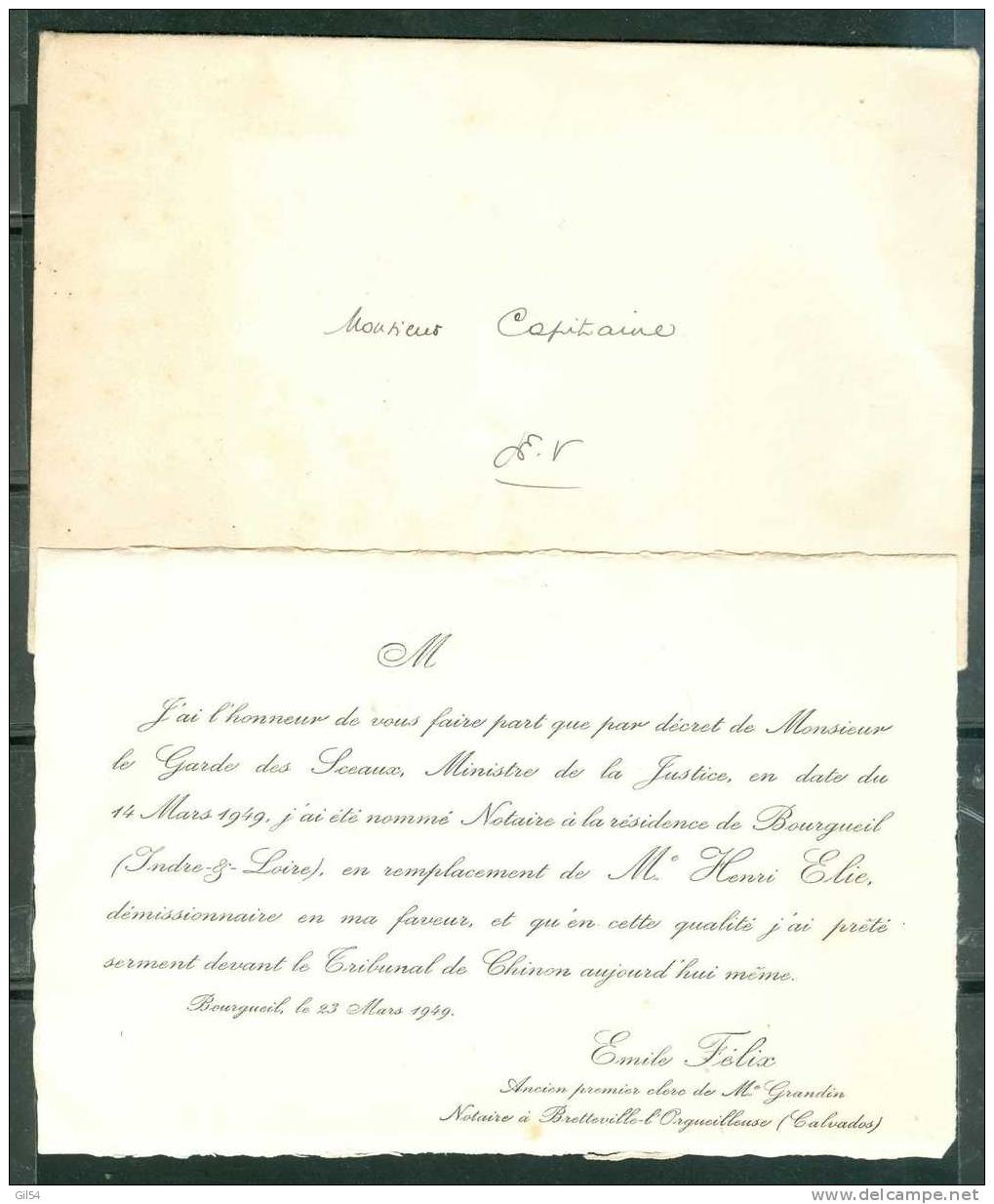 Faire Part De La Nomination De Maitre Felix Notaire à Bourgueil ( Le Madoff Du Pays ) - Po339 - Autres & Non Classés