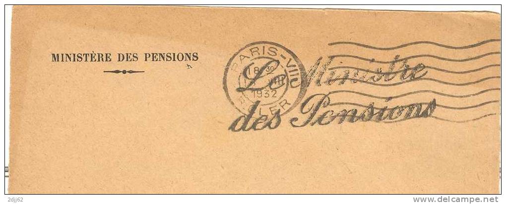 Pension, Ministère, Ministre, 1932 - Franchise - Devant D'enveloppe    (C0284) - WW1