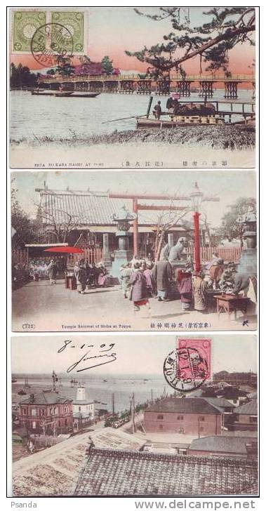 1903-1910, 3 Old Japanese Postcards, Tokyo - Temple Shinmei Of Shiba, Osaka - Seta No Kara Hashi At O-mi, Yokohama - Tokyo