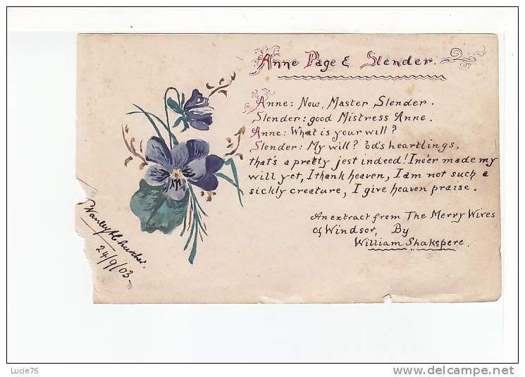 Papier  Ancien  Illustré D'un Bouquet De Fleurs Bleues Et  Poème -    Anne Page & Slender - Manuscripten