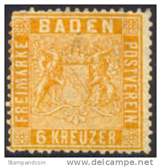 Baden #13a Mint No Gum 6kr Yellow Orange From 1862 - Neufs