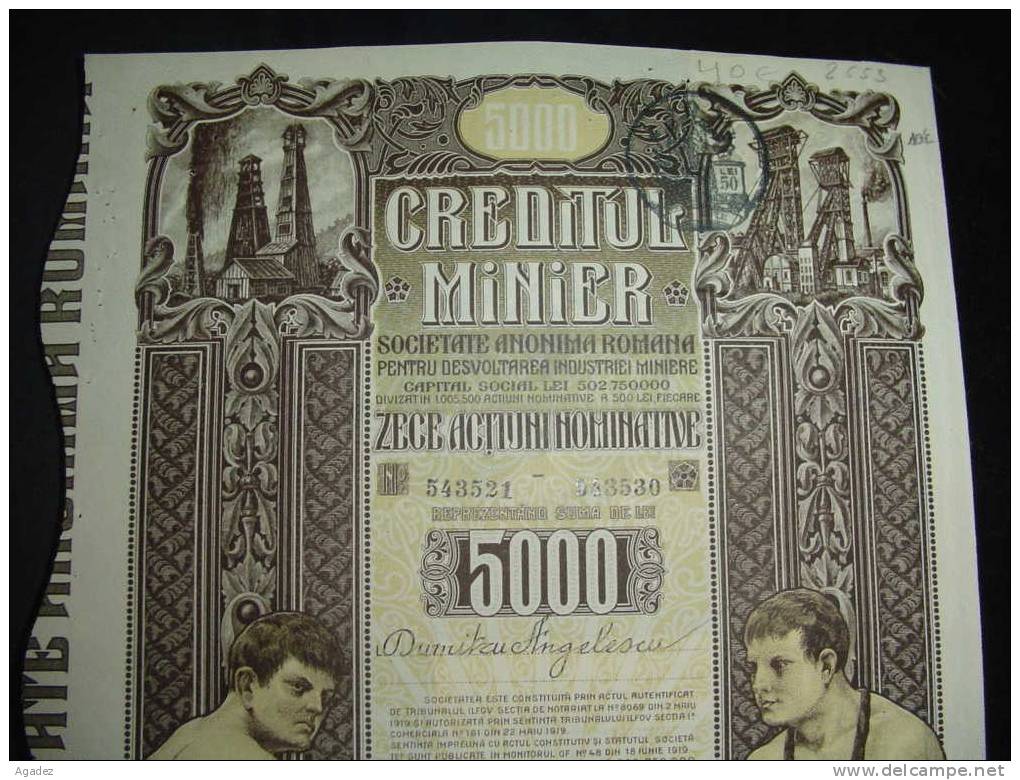 Action " Creditul Minier " Bucuresti Bucarest 1923 Roumanie (Mines) - Mijnen