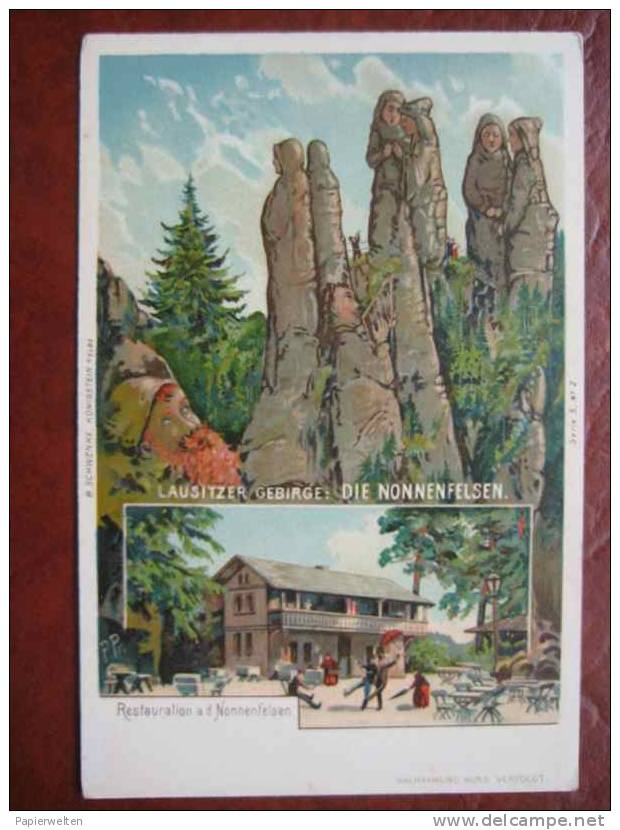 Königstein Rathen - Künstlerkarte Berggesichter Nonnefelsen Lithograpie - Rathen