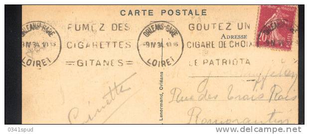 1934  France 45 Orleans  Krag  Tabac Tabacco Tobacco  Cigarettes Gitanes Cigare Patriota Sur Carte - Tobacco