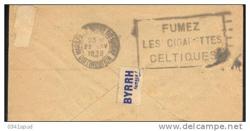 1938  France 13 Marseille Flier  Tabac Tabacco Tobacco  Cigarettes Celtiques En Arrivée Sur Lettre - Tobacco