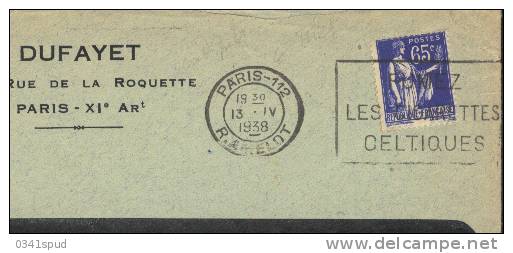 1938  France 75 Paris 112  Flier  Cigarettes Celtiques Sur Lettre En Arrivée BD Seul  Paris XIII Distribution - Tobacco