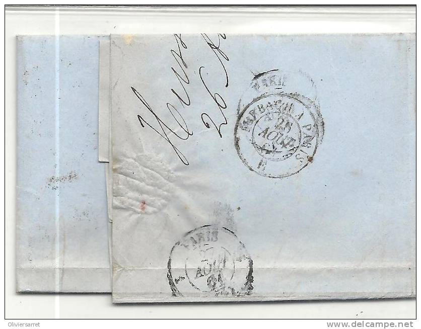 20cts Bleus No 490 Sur Le Timbre Pont A Mousso  26.8.1861 Au Dos Paris - Autres & Non Classés